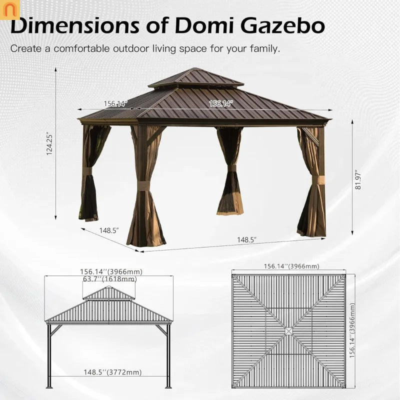 Hardtop Gazebo Metal Brown 13x13 ft Galvanized Roof Netting Curtains