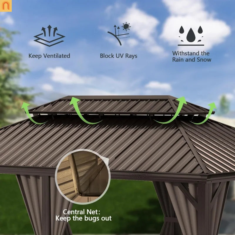 Hardtop Gazebo Metal Brown 13x13 ft Galvanized Roof Netting Curtains