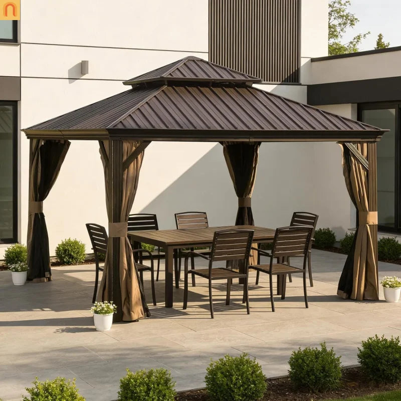 Hardtop Gazebo Metal Brown 13x13 ft Galvanized Roof Netting Curtains