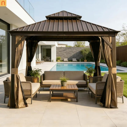 Hardtop Gazebo Metal Brown 13x13 ft Galvanized Roof Netting Curtains