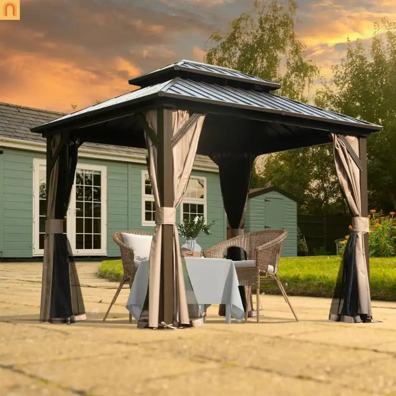 Hardtop Gazebo Aluminum Brown 8x10ft Steel Double Roof Curtains