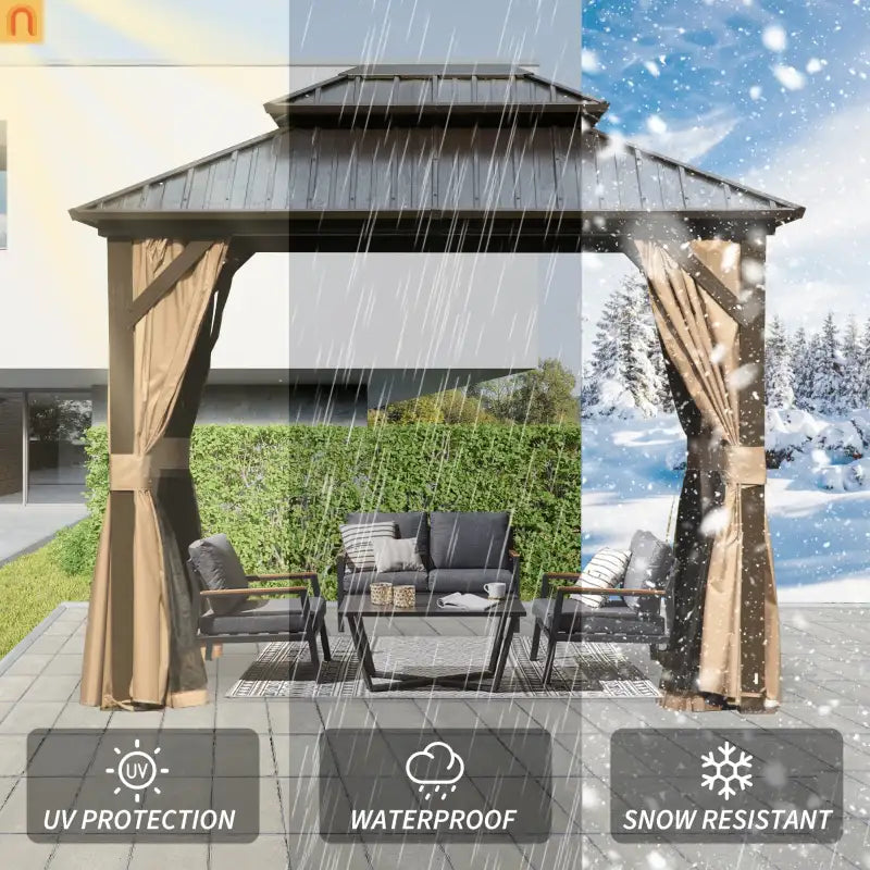 Hardtop Gazebo Aluminum Brown 8x10ft Steel Double Roof Curtains