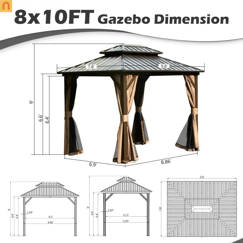 Hardtop Gazebo Aluminum Brown 8x10ft Steel Double Roof Curtains