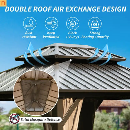 Hardtop Gazebo Aluminum Brown 8x10ft Steel Double Roof Curtains