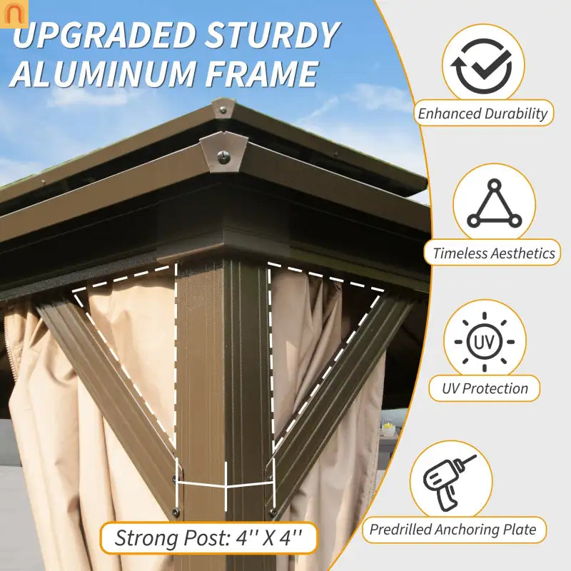 Hardtop Gazebo Aluminum Brown 8x10ft Steel Double Roof Curtains