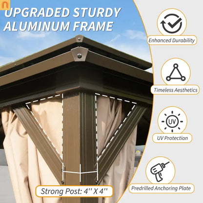 Hardtop Gazebo Aluminum Brown 8x10ft Steel Double Roof Curtains