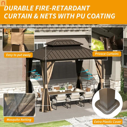 Hardtop Gazebo Aluminum Brown 8x10ft Steel Double Roof Curtains