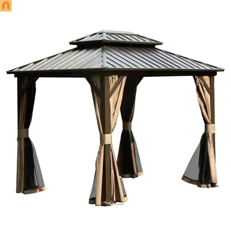 Hardtop Gazebo Aluminum Brown 8x10ft Steel Double Roof Curtains