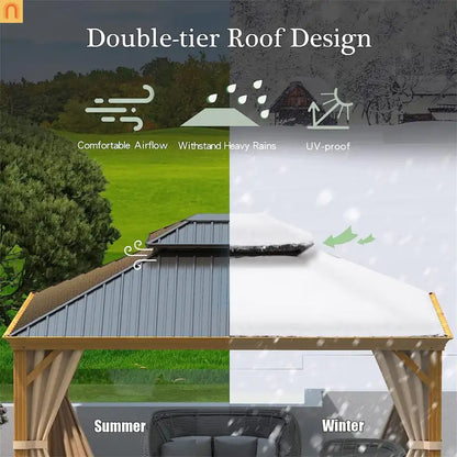 Hardtop Gazebo Aluminum Wood-Look Yellow-Brown 10x12ft