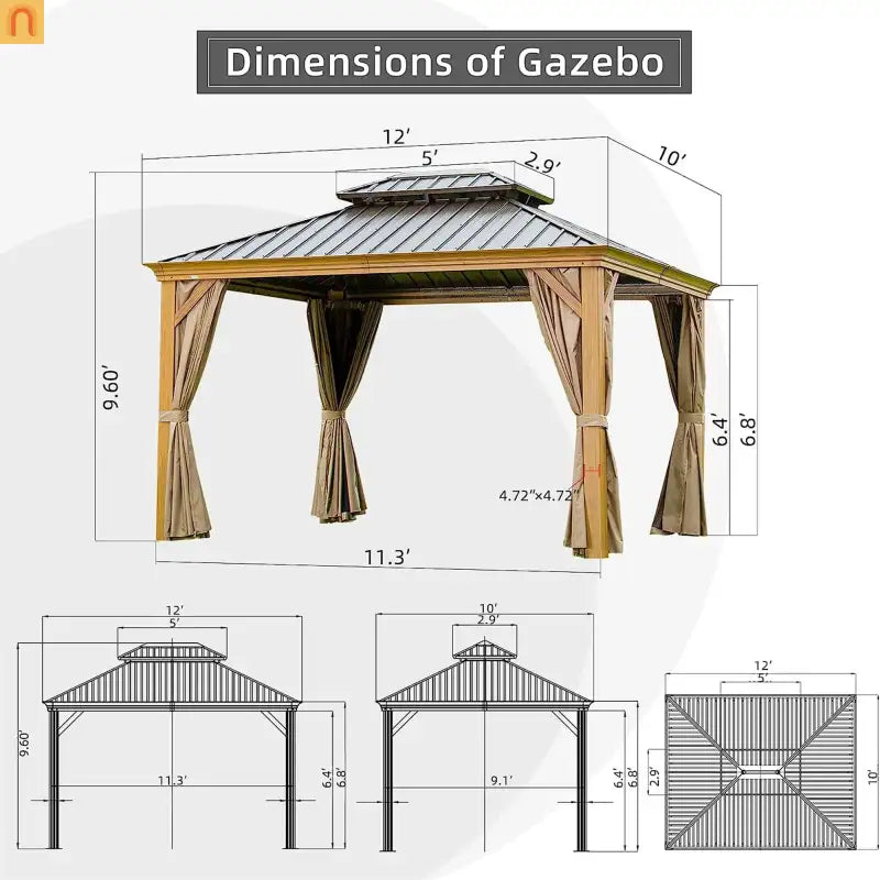 Hardtop Gazebo Aluminum Wood-Look Yellow-Brown 10x12ft