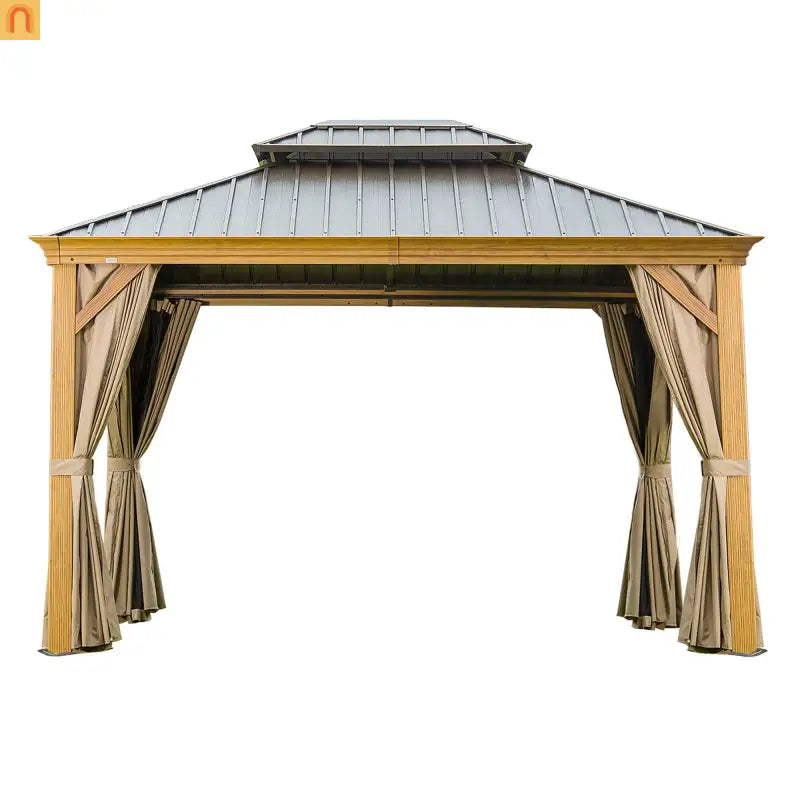 Hardtop Gazebo Aluminum Wood-Look Yellow-Brown 10x12ft